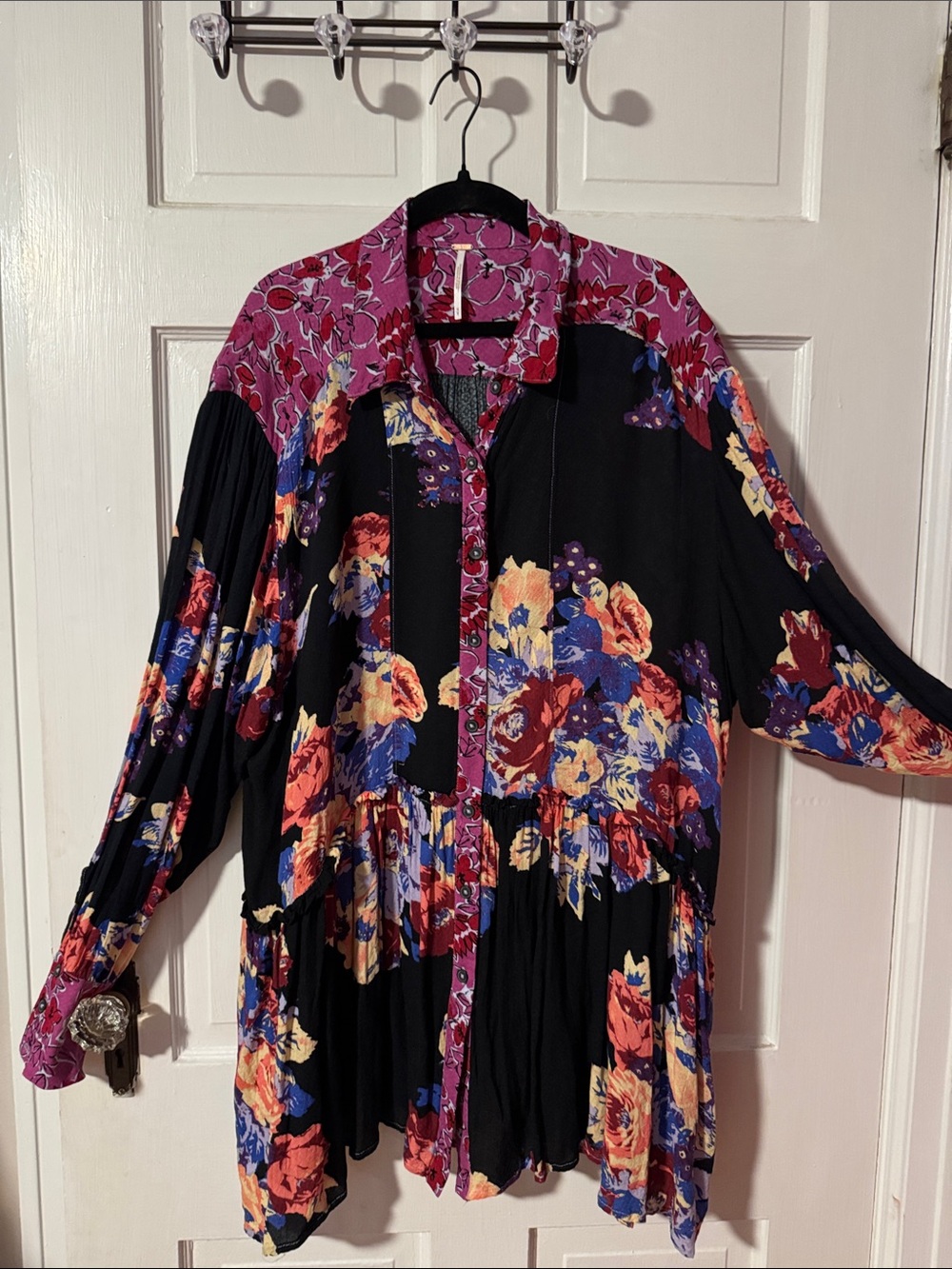 Trina Turk Black Floral Button-Front Tunic with Pink Accent